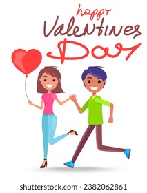 Vector illustration of couple holding hands on white background with heart balloon. Love concept, Valentines day handwritten lettering. romantic happy people. Wallpaper, invitation, posters