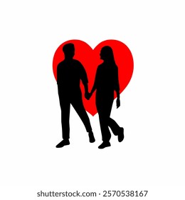 Vector illustration of a couple holding hands in silhouette with a red heart background. Ideal for love, romance, and Valentine's Day themes