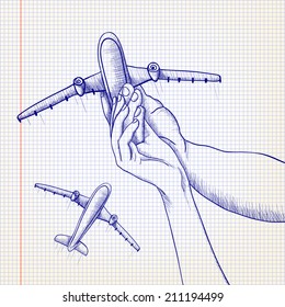 vector illustration.  Couple holding a model airplane, dreaming of traveling. Sketch on notebook page