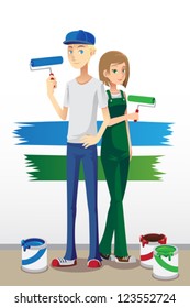 A vector illustration of a couple holding paint brush ready to paint