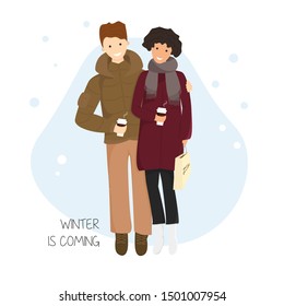 Vector Illustration of Couple with Hot Chocolate in Flat Cartoon Style. Happy Romantic Couple Walking and Drinking Coffee. Boyfriend Hugs Girlfriend in Snowing Time. Design Concept of Winter is Coming