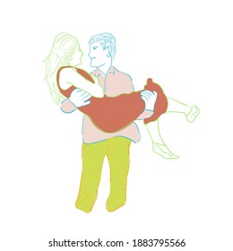 Vector illustration of couple hugging, boyfriend and girlfriend man hug his girlfriend, loving each other design flat modern simple color vector lines, romance and romantic