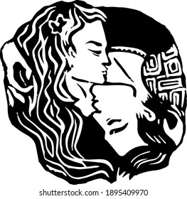 Vector illustration of couple hugging in love. Cute and tender round hand carved linocut stamp of beautiful girl and boy. Symbolic picture of passion and care for Valentine's day.