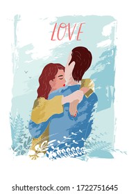 Vector illustration. A couple hugs on the background of nature.