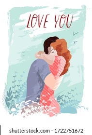 Vector illustration. A couple hugs on the background of nature.