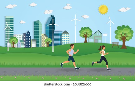 Vector illustration of Couple jogging outside in the city with blue sky and clouds background