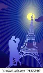 Vector illustration of couple kissing in the Paris