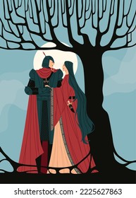 Vector illustration of a couple. The knight and lady look at each other. Fantasy, medieval. Character design