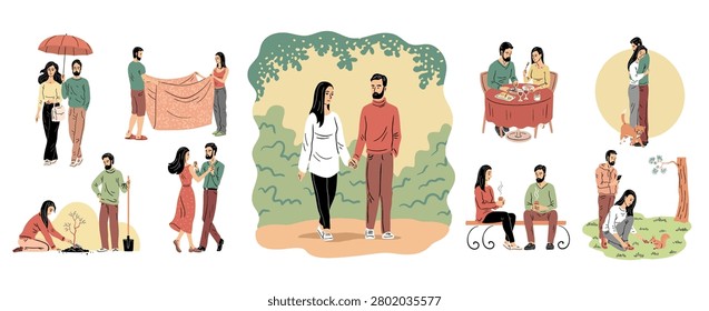 Vector illustration of couple lifestyle collection featuring romantic relationship scenes, dating, walking, dancing, coffee break, pet care and outdoor activities. People isolated on white background in flat style