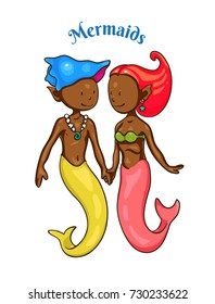 Vector illustration of a couple of little African American mermaids, boy and girl pair, holding hands. Cute cartoon style card, isolated on white.