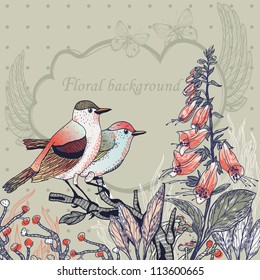 vector  illustration of a couple of little birds and blooming digitalis