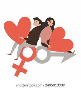 Vector illustration. Couple in love with big hearts in hands