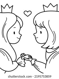 Imagen vectorial de una pareja enamorada. Colores de página con príncipe hada y princesa tomados de la mano.