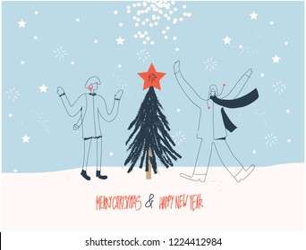 Vector illustration of couple in love. Concept winter illustration. People character flat design. Minimalist style.