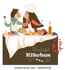 Vector illustration of couple in love cooking meal