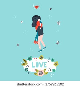 Vector illustration of couple in love. Cute Hand drawn illustration. Love - hand drawn lettering with different elements as flowers, points, leaves. 