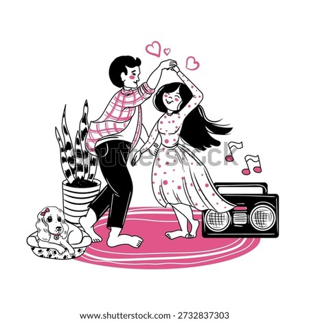 Vector illustration of a couple in love dancing at home. Valentine's Day print. Boyfriend and girlfriend in a relationship. Family comfort	