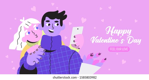 Vector illustration of a couple in love doing selfie on a date. Happy Valentine's Day banner, flyer, poster landing page, invitation or greeting card. Girlfriend and boyfriend spending day together.