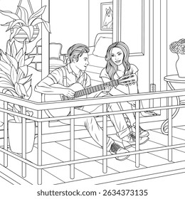 Vector illustration, couple in love with a guitar on the balcony, coloring