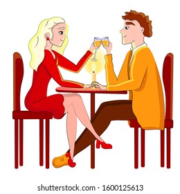 Vector illustration of a couple in love isolated on white background. Illustration of a beautiful couple celebrating Valentine's day. The guy with the girl is drinking champagne. Lovers sit at the tab