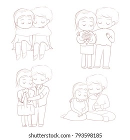 Vector illustration of couple in love in line sketch on white background
