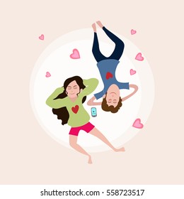 Vector illustration of Couple in Love, listen music on Hearts decorated background for Valentine's Day Celebration.