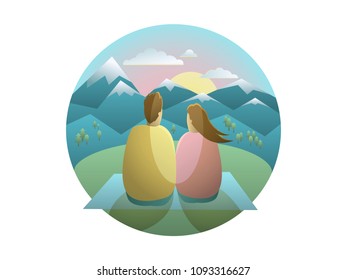 Vector illustration Couple in love looking on a sunrise, date in mountains