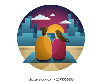 Vector illustration Couple in love looking on a sunset, a date on a city roof