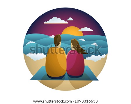 Vector illustration Couple in love looking on a sunset, a date on a beach