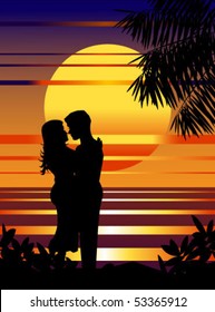 Vector illustration of couple in love on the sunset beach.