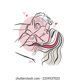 Ilustración vectorial de una pareja en el amor, beso apasionado, sentimientos cálidos, letras a mano, amor, garabato