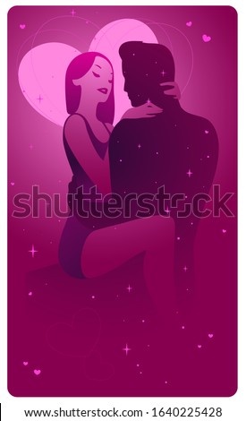 Vector illustration of a couple in love. Pink colours and hearts.