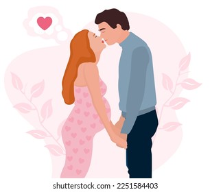 Vector illustration of a couple in love of a pregnant woman and her beloved man on a pink background with monochrome leaves and heart.Drawings for cards, postcards, greetings and posters.