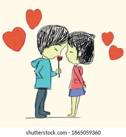 Vector illustration of a couple in love and red hearts.  Hand drawing of a couple in love with a flower.