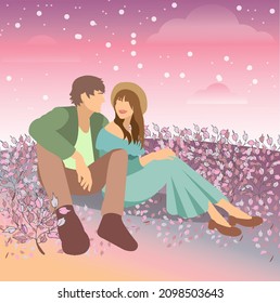 vector illustration of a couple in love sitting in the grass at sunset