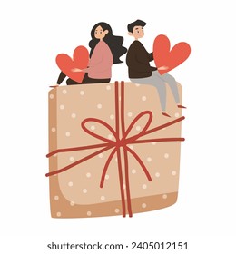 Vector illustration. A couple in love is sitting on a big gift with hearts in their hands