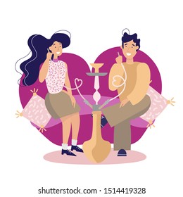 vector illustration of a couple in love smoking a hookah on a sofa