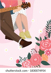 Vector illustration of a couple in love spending time or relaxing together playing guitar. Drawing for card, poster, postcard. Vector design concept for Valentines Day and other users.
