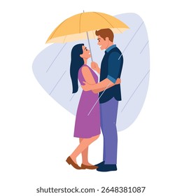 Ilustração vetorial de um casal apaixonado parado na cena rain.Cartoon de um cara e uma menina de pé abraçando, olhando um para o outro, segurando um guarda-chuva da chuva isolado em um fundo branco.