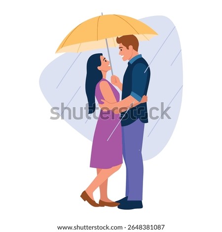Vector illustration of a couple in love standing in the rain.Cartoon scene of a guy and a girl standing hugging,looking at each other, holding an umbrella from the rain isolated on a white background.