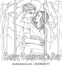 Vector illustration, couple in love swinging on a swing, coloring