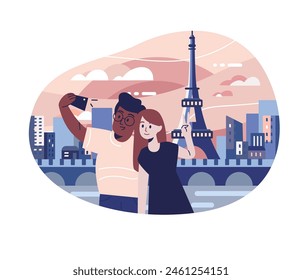 Vector illustration of a couple in love taking photos with their phones to capture moments of their trip to Paris. A man and a girl take a photo in front of the Eiffel Tower during a sports holiday