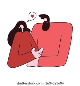 Vector illustration with couple in love in a trendy flat outline style. A man and a woman hug and she declares his love to him. Valentine's Day, romantic, love and relationships.