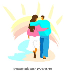 Vector illustration. A couple in love walks along the coast near seaside on a sunny summer day. Biautiful girl with long hair with boy in bright blue top.The bright sun is shining. Love is in the air.