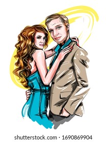 Vector illustration, couple in love, young woman and man are standing in an embrace. The modern sketch is bright and beautiful. Fashionable illustration. Love and loving relationships between people. 
