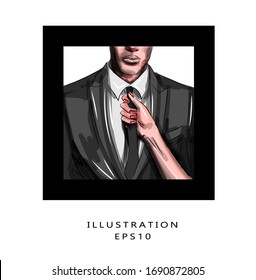 Vector illustration, couple in love, a young woman holds a man in a suit over a tie. The modern sketch is bright and beautiful. Fashionable illustration. Love and loving relationships between people.