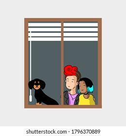 vector illustration of a couple of lovers and a dog standing at home during a pandemic. Stay at home.