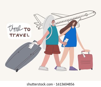 vector illustration. A couple of lovers flying on a plane to rest, a lot of Luggage at the airport. the front Desk of the airport, family vacations, honeymoon. Postcard for tour operator