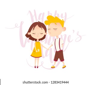 Vector illustration of couple lovers girl and boy hold hands. Valentines Day Card.