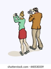 Vector illustration of a couple making photos of something. Sketch illustration, urban life.